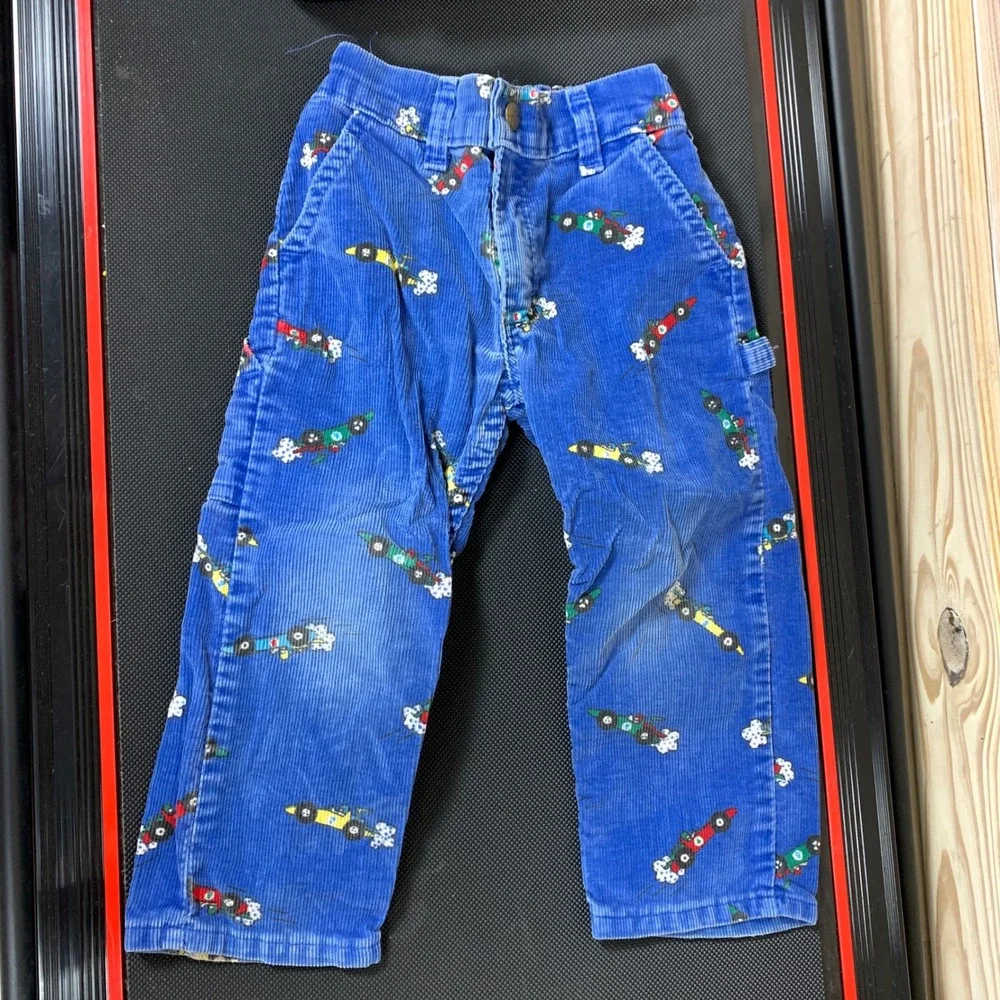 OshKosh B'Gosh‎ Pants Kids 3T Blue Corduroy Race Car Carpenter Vintage USA Made